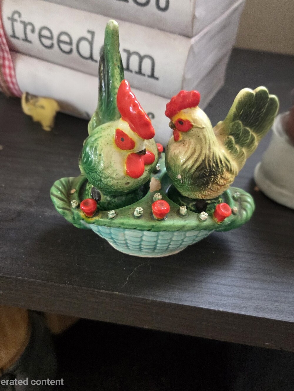 Vintage 1950's Japan Rooster & Hen With Basket Nest Salt and Pepper Shakers.